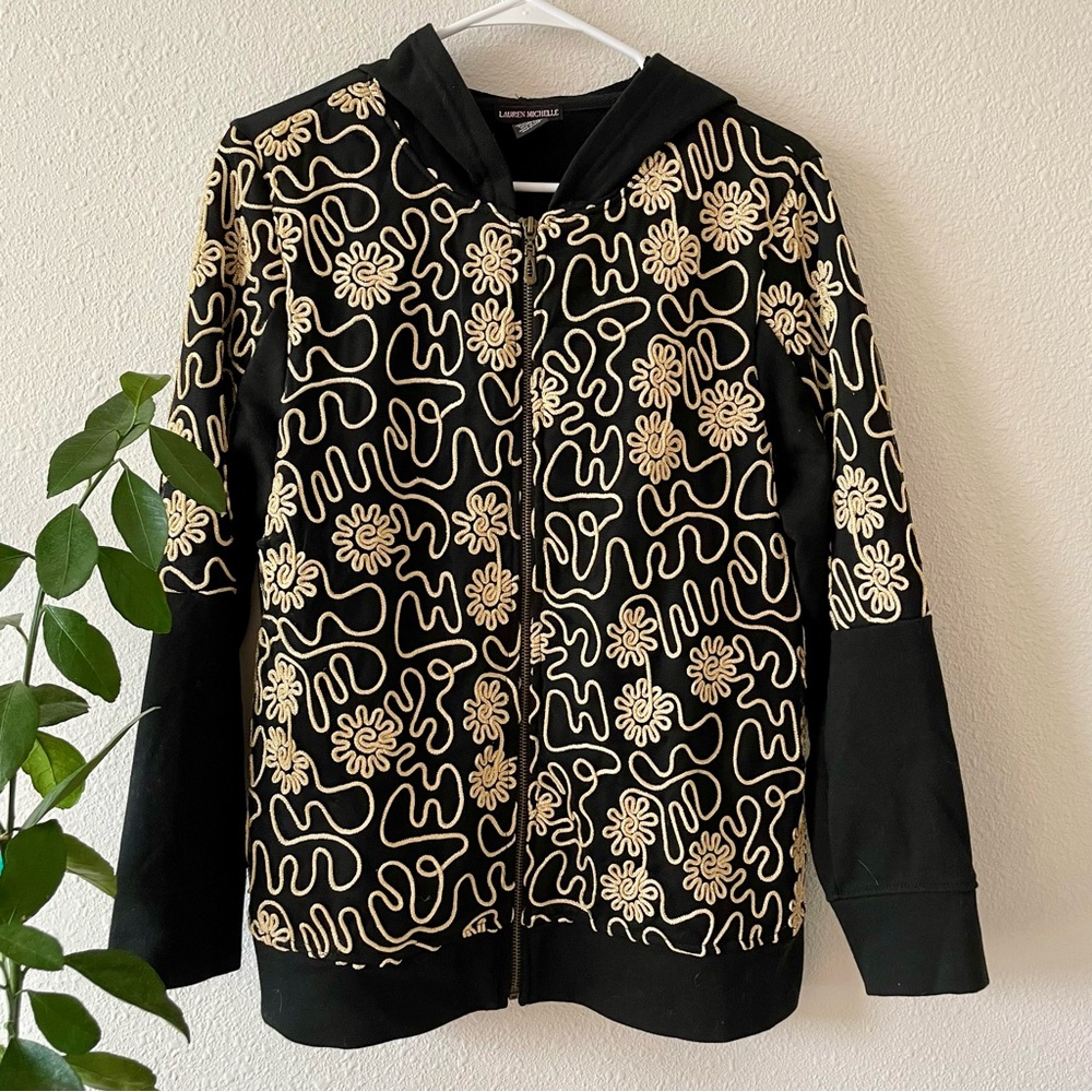 lauren michelle applique mesh gold flowers vintage black hoodie #0029